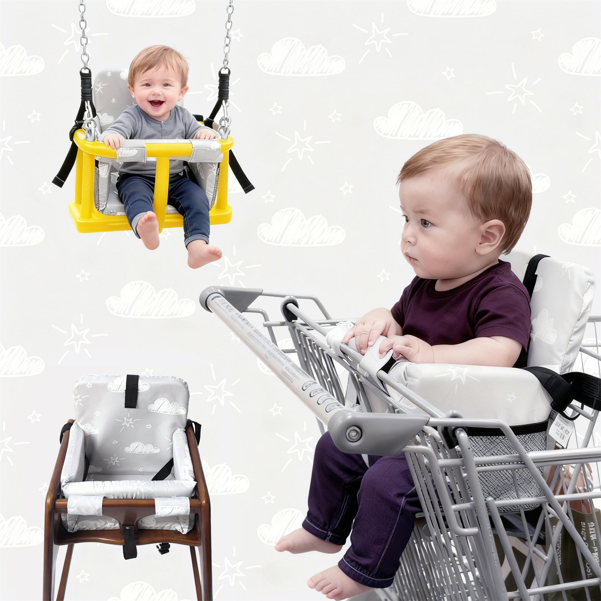3-in-1 Baby Shopping Cart Cover Booster Seat for Dining Travel High Chair Swing