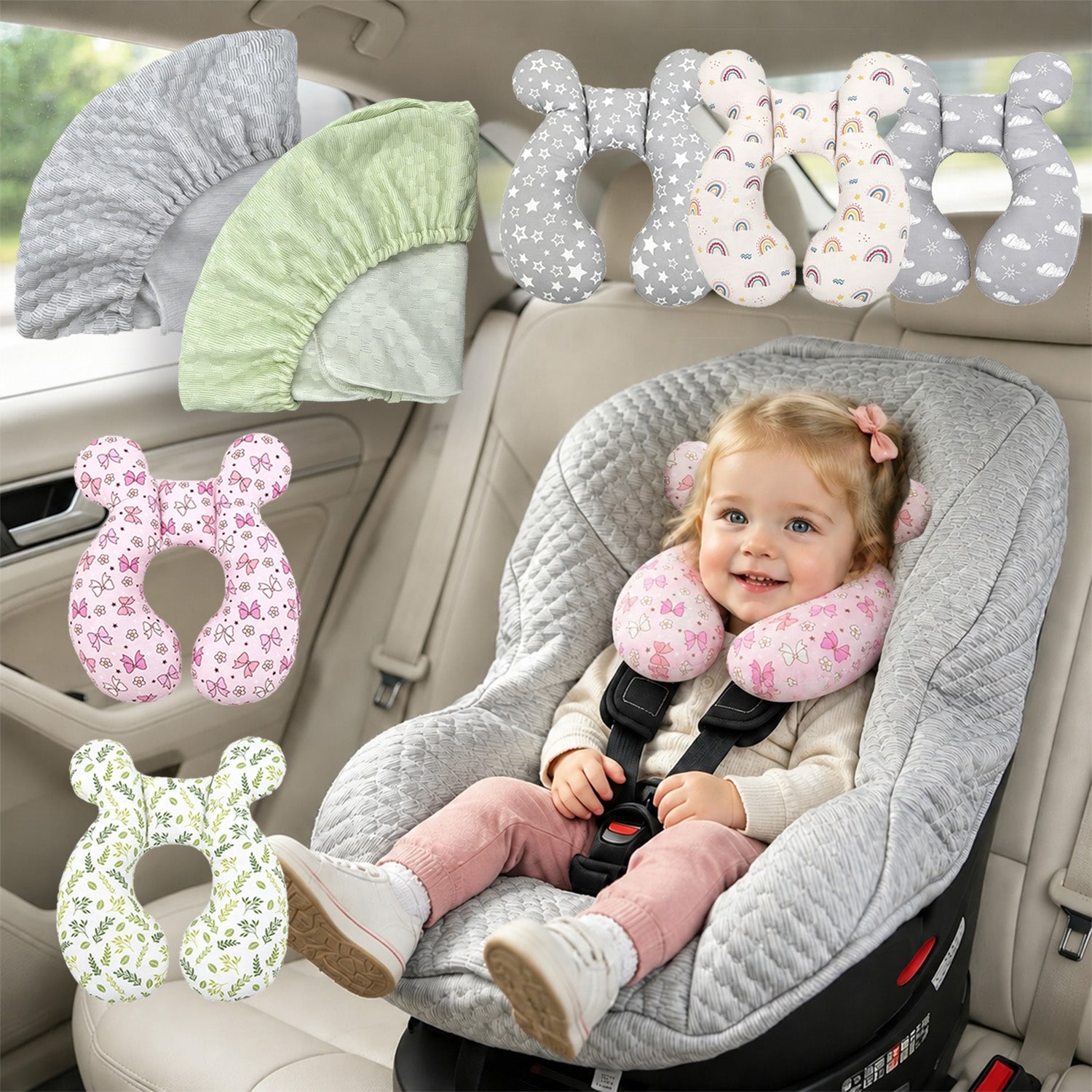 Infant car seat cover and head support pillow set; travel car seat accessories for infants and toddlers; suitable for both boys and girls; suitable for all seasons