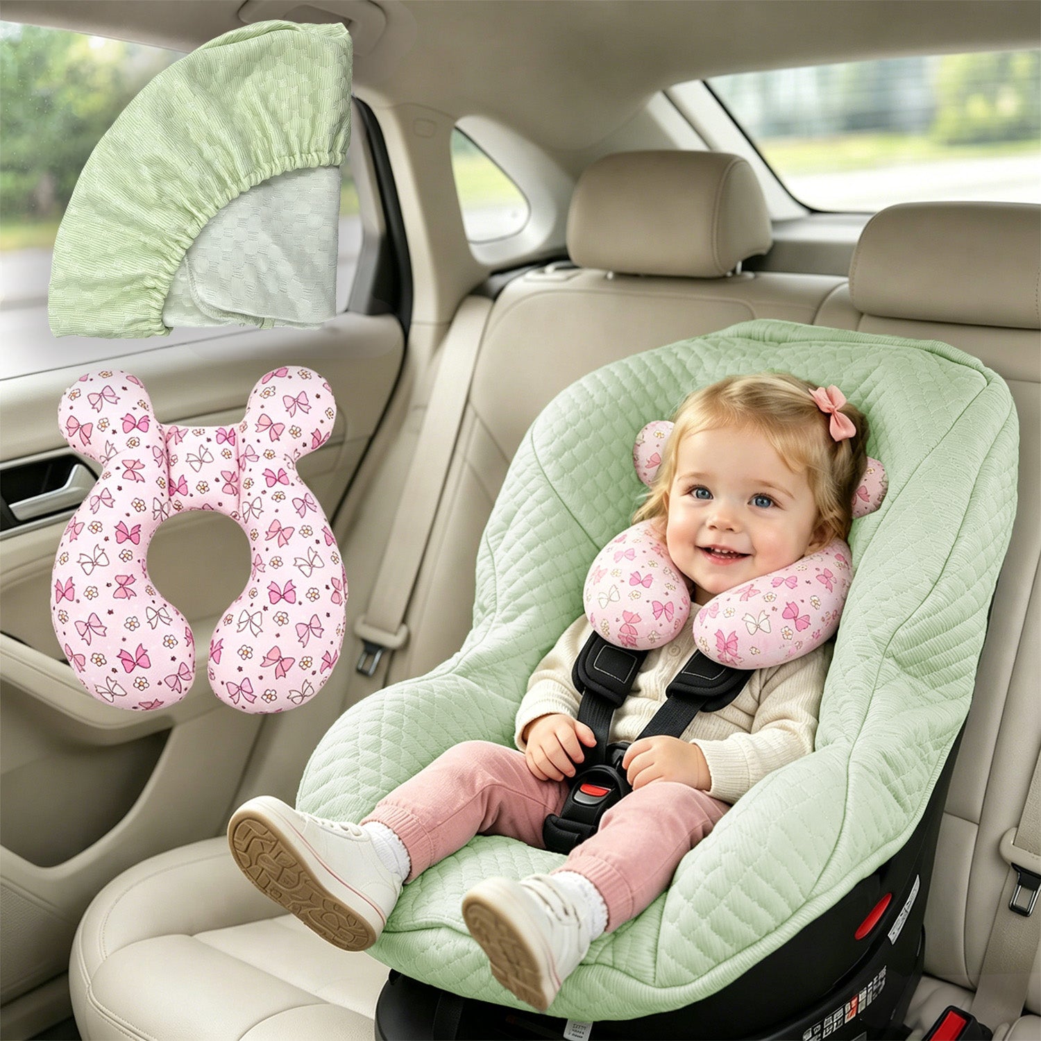 Infant car seat cover and head support pillow set; travel car seat accessories for infants and toddlers; suitable for both boys and girls; suitable for all seasons