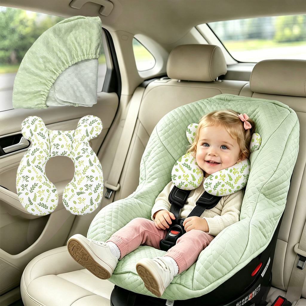 Infant car seat cover and head support pillow set; travel car seat accessories for infants and toddlers; suitable for both boys and girls; suitable for all seasons