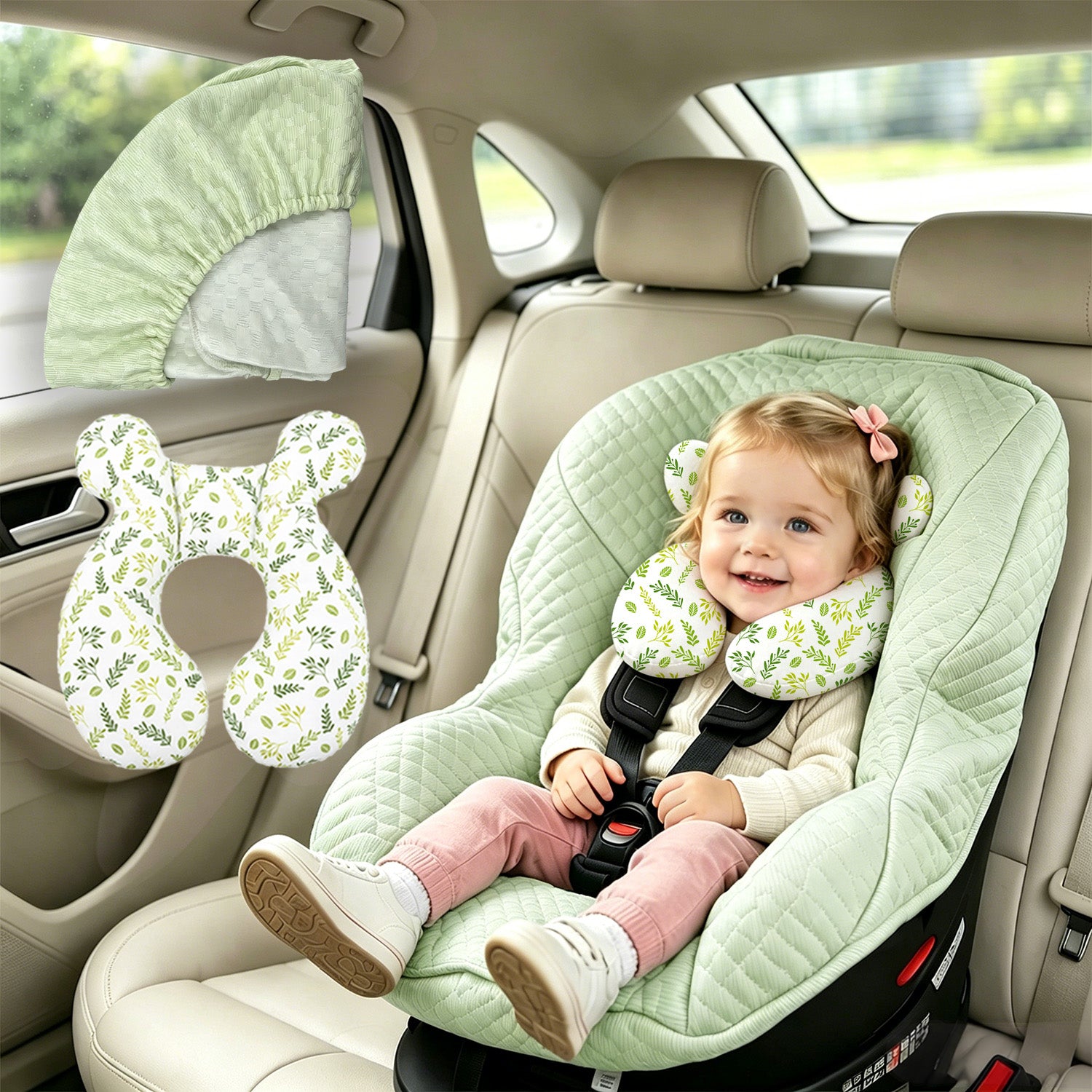 Infant car seat cover and head support pillow set; travel car seat accessories for infants and toddlers; suitable for both boys and girls; suitable for all seasons