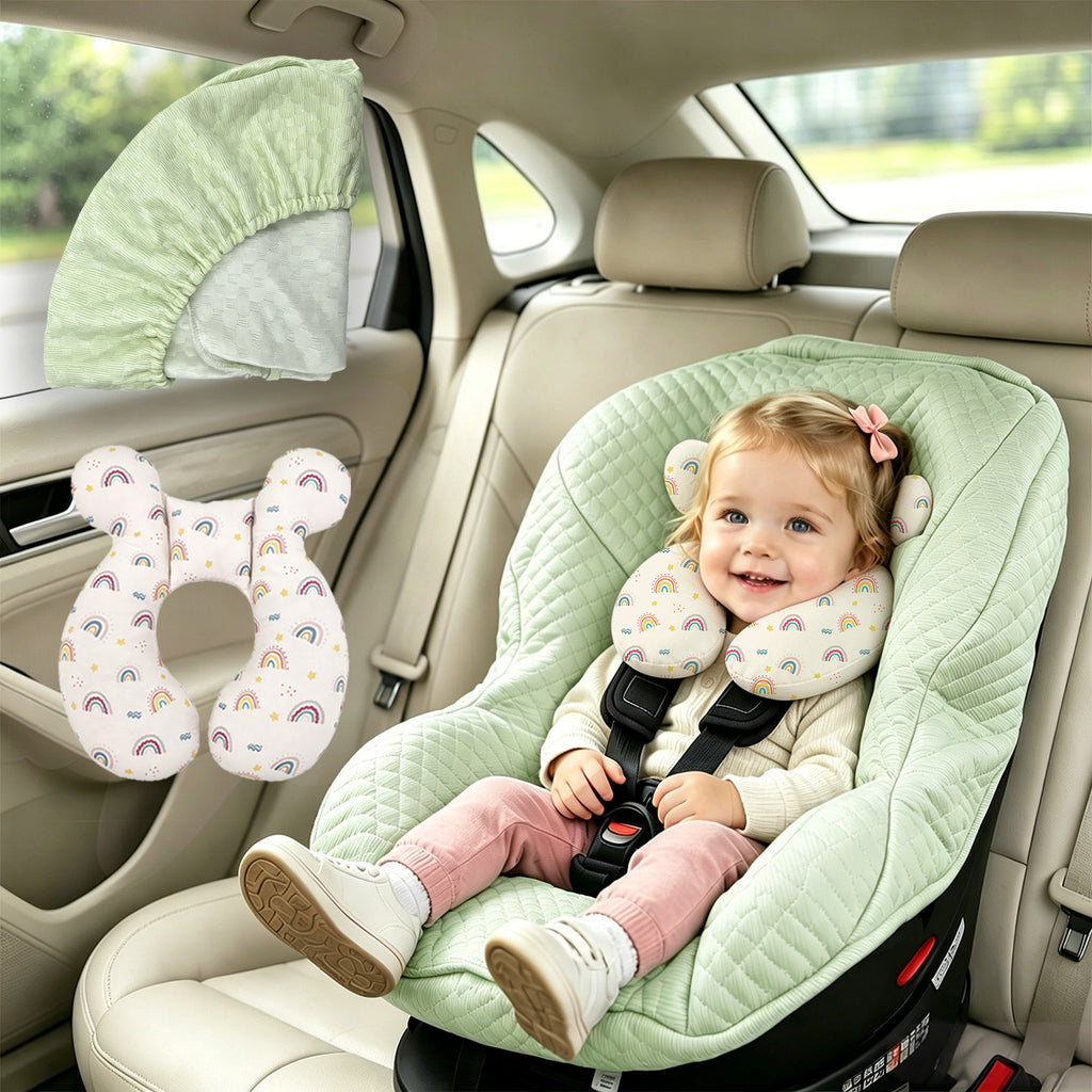 Infant car seat cover and head support pillow set; travel car seat accessories for infants and toddlers; suitable for both boys and girls; suitable for all seasons