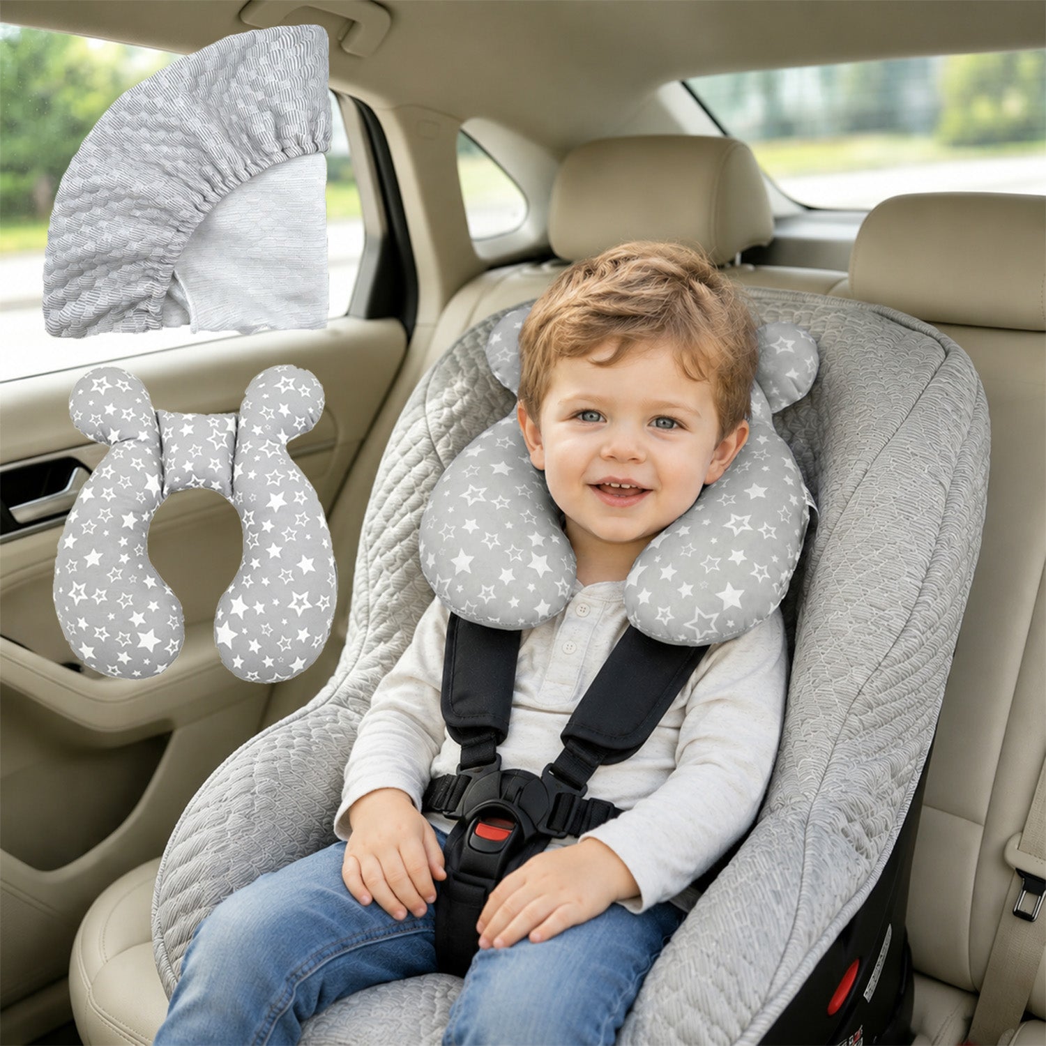 Infant car seat cover and head support pillow set; travel car seat accessories for infants and toddlers; suitable for both boys and girls; suitable for all seasons